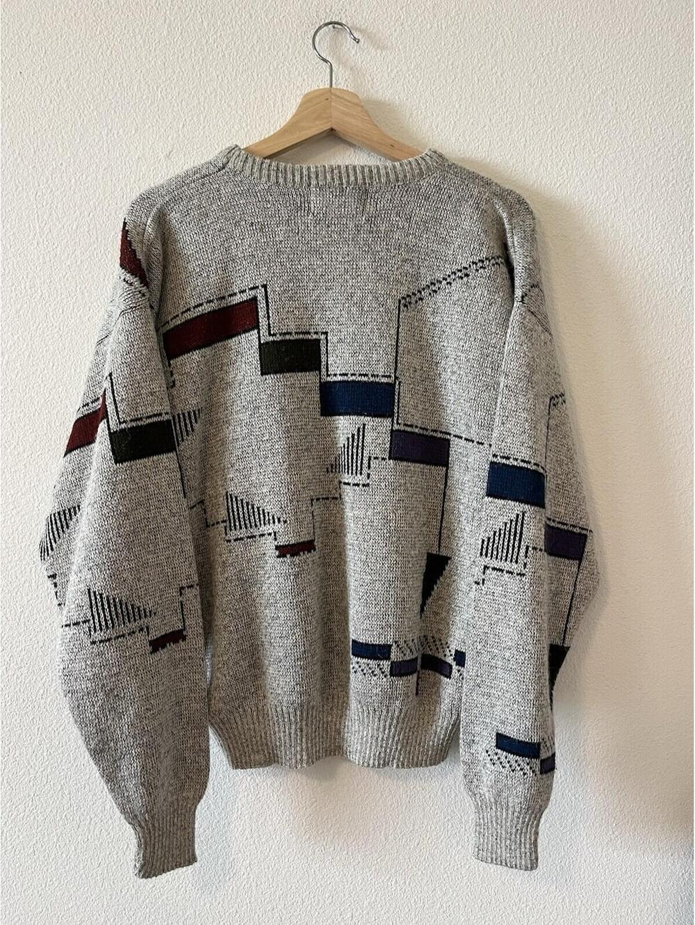 Vintage London Fog Geometric Abstract Knit Sweater Grey M